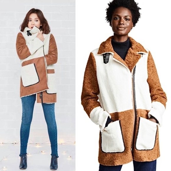 LINE & DOT 70s Faux Fur Shearling Colorblock High Collar Fleece Teddy Coat M - Picture 1 of 15